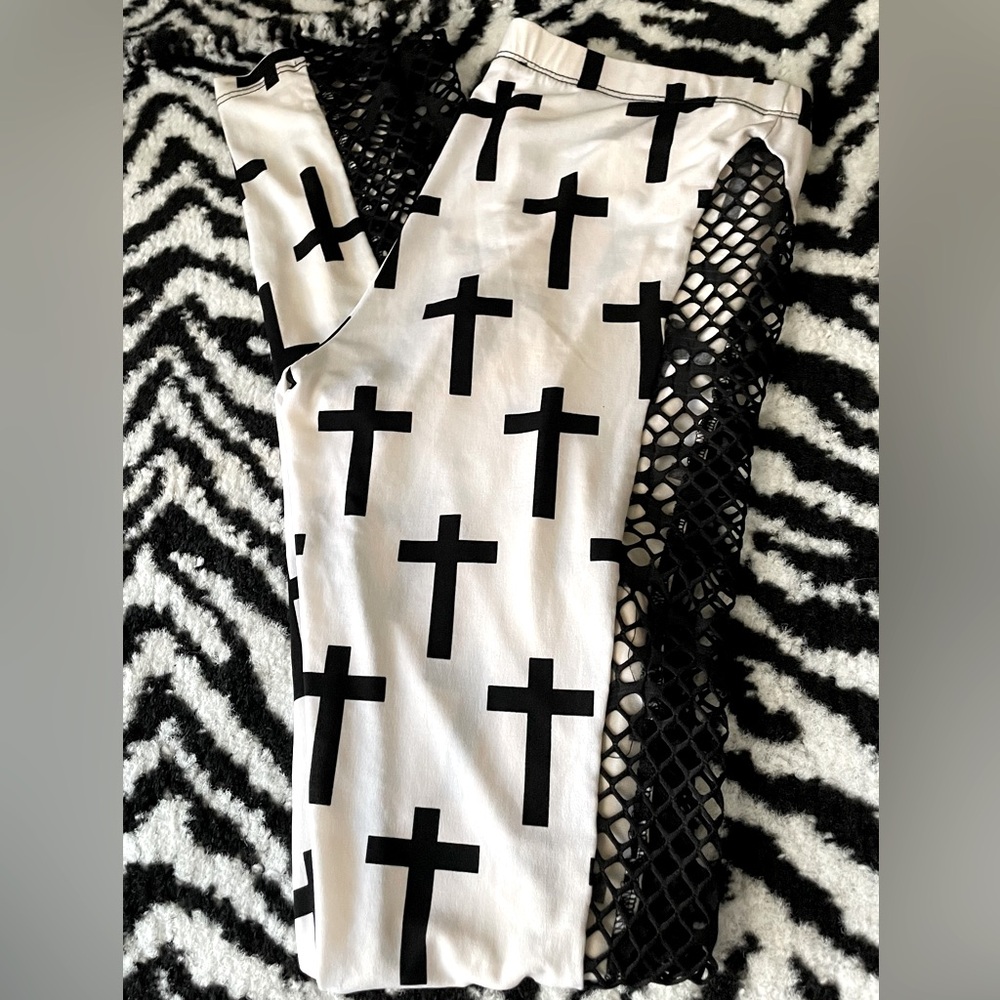 Love Culture Cross Print Side Mesh Leggings. Size M. Punk, Glam, Y2K. Goth. Emo.